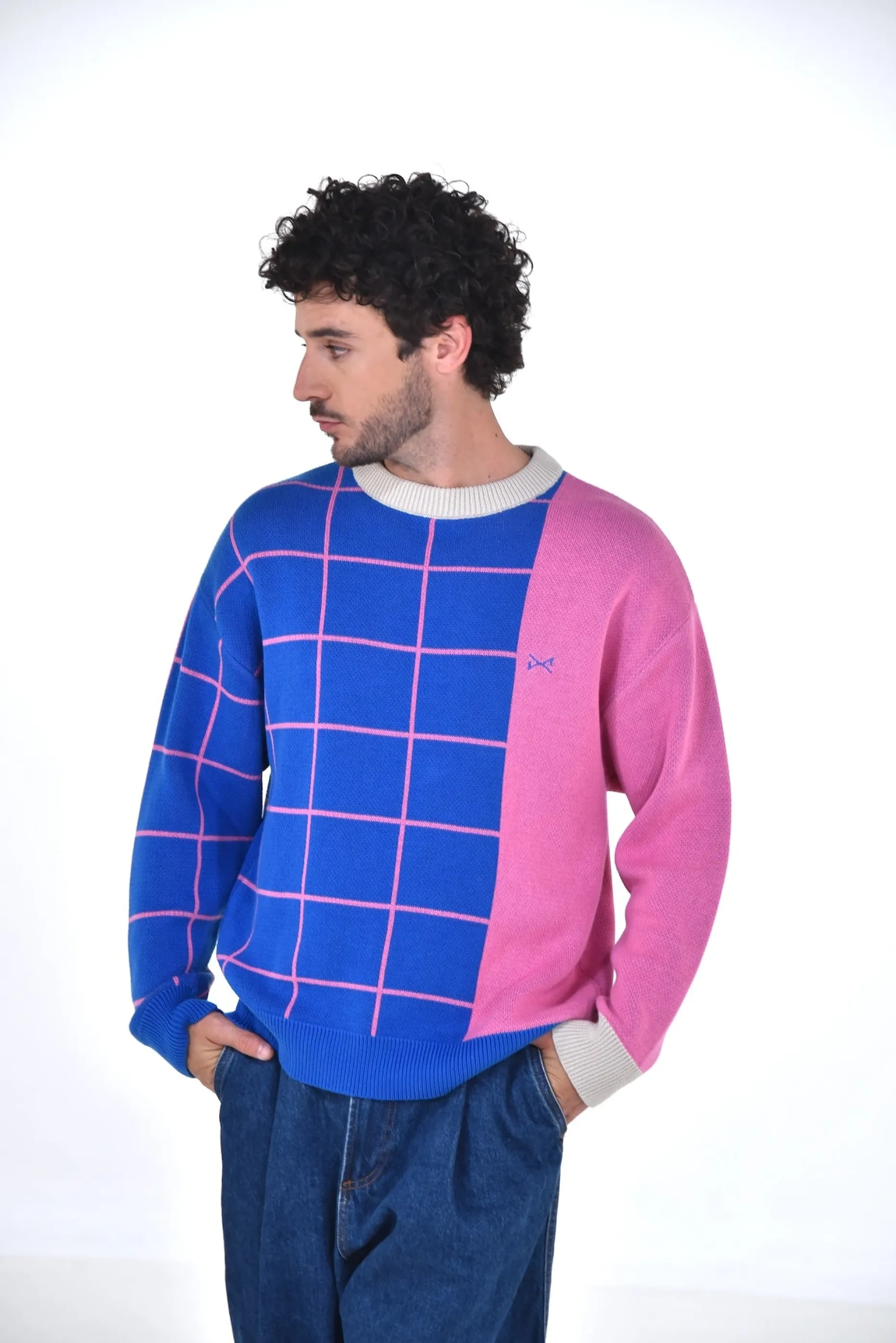 Daniel Chong Unisex Knitted Jacquard Sweater AZUL/ROSA Cheap