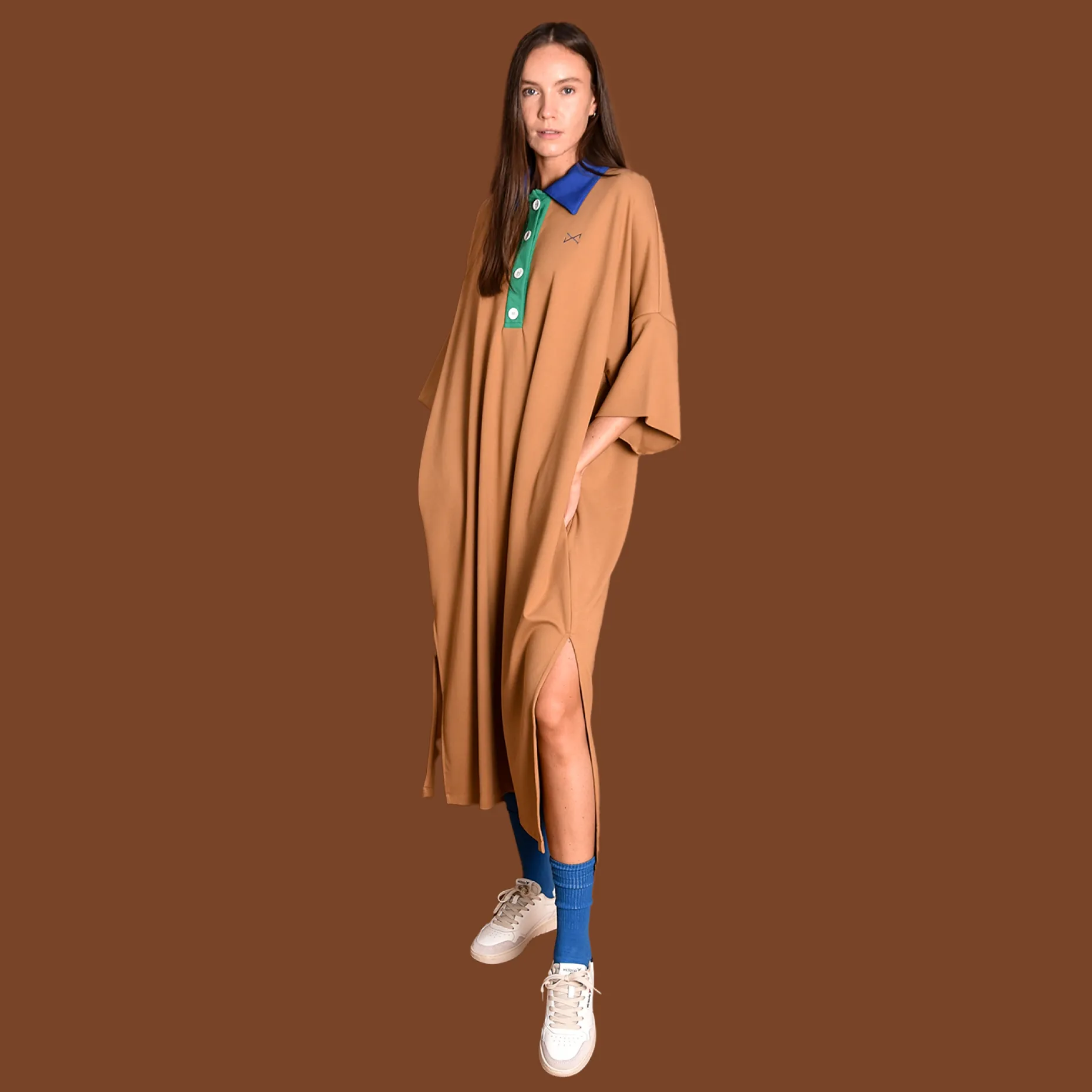 Daniel Chong Vestido Camisero Mostaza cuello verde Clearance